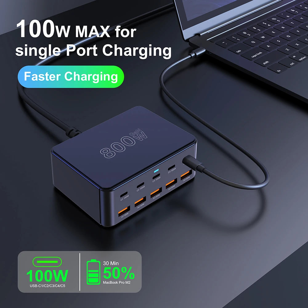 800W USB C GaN Charger 100W PD3.0 PPS QC3.0 Multiport Fast Charging Station for iPhone 15 16 Samsung Macbook Pro Laptops Tablets